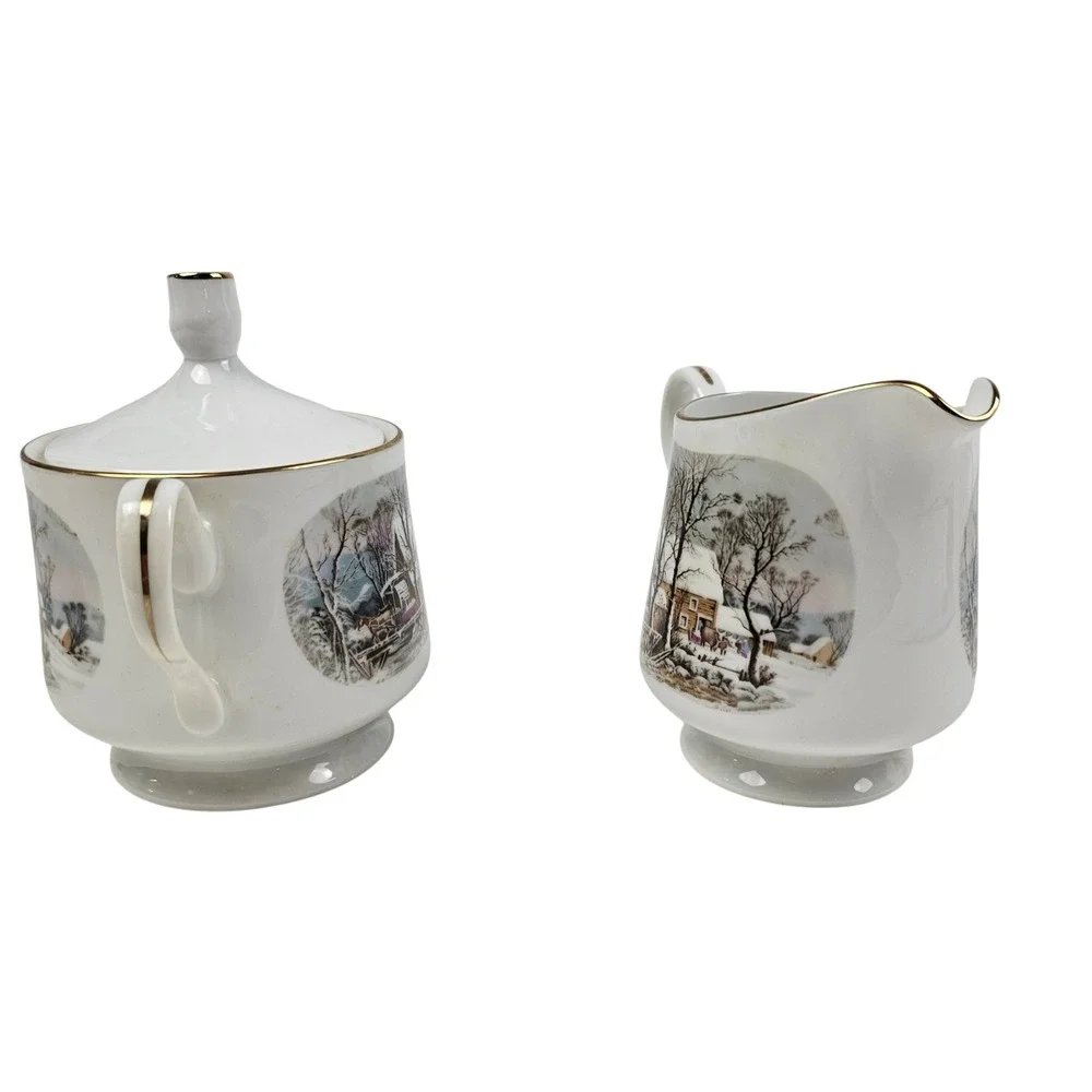 Vintage 1981 Avon Fine Porcelain Winter Landscape Creamer and Sugar Bowl Set